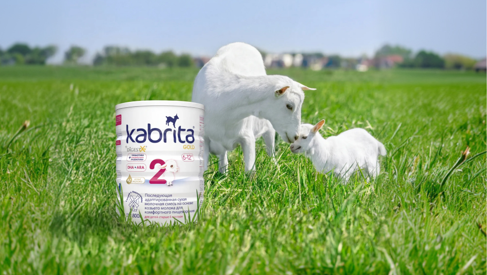 Коза и козленок на поле рядом с банкой Kabrita