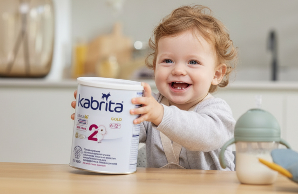 Ребенок улыбается рядом с банкой детской молочной смеси Kabrita
